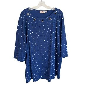 Quacker Factory Navy Blue Polka Dot Grommet Neck 3/4 Sleeve Knit Top 3X
